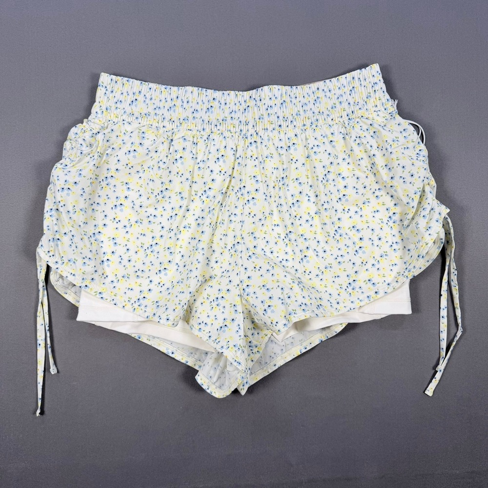Blogilates Womens M White Floral Nylon Tiny Bows 2-in-1 Athletic Running Shorts